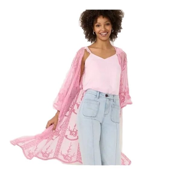LC Lauren Conrad Womens Pink Sheer Lace Open Front Long Duster Sz OS New - Picture 1 of 7